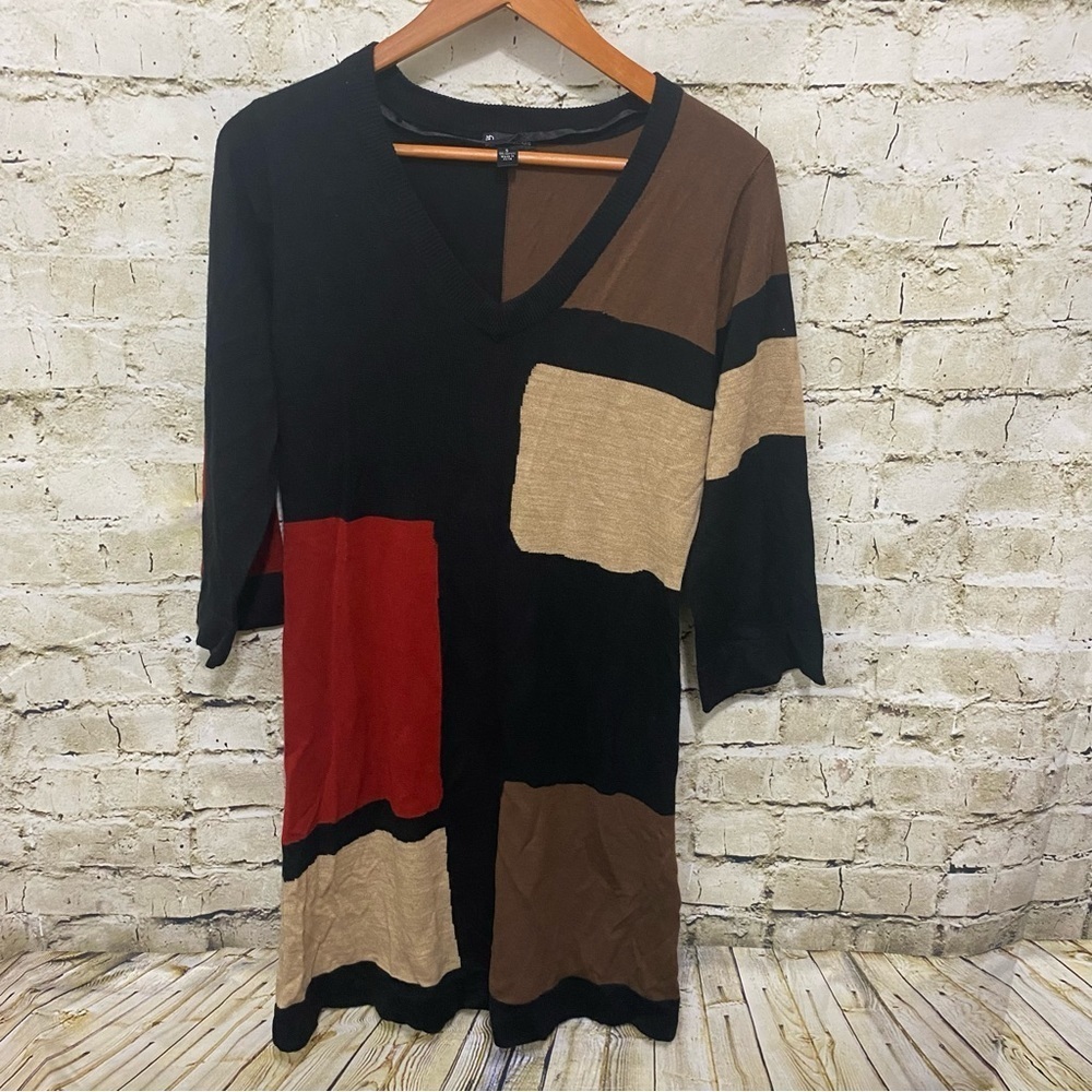 New Directions Black Red Colorblock V Neck 3/4 Sleeve Sweater Dress